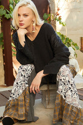 POL Cable Knit Quilting Patch V-Neck Sweater OutfitFlow